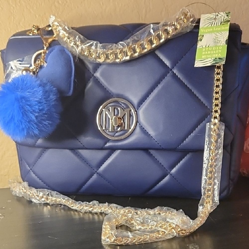 Blue Quilted Bag with Gold Chain by